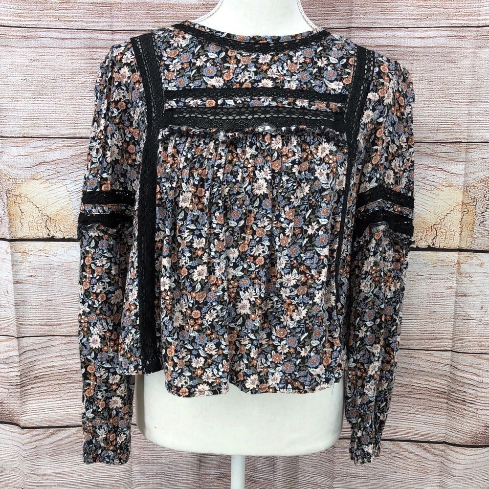 American Eagle Black Floral Lace Trim Long Sleeve Open Tie Back Blouse Size XXL